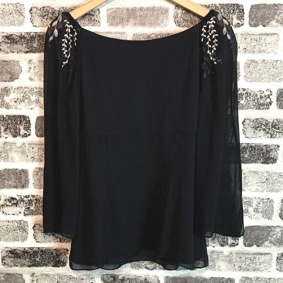 Ann Taylor 100% Silk Chiffon Embroidered 3/4 Sleeve Blouse Black Size 2 - Picture 4 of 10